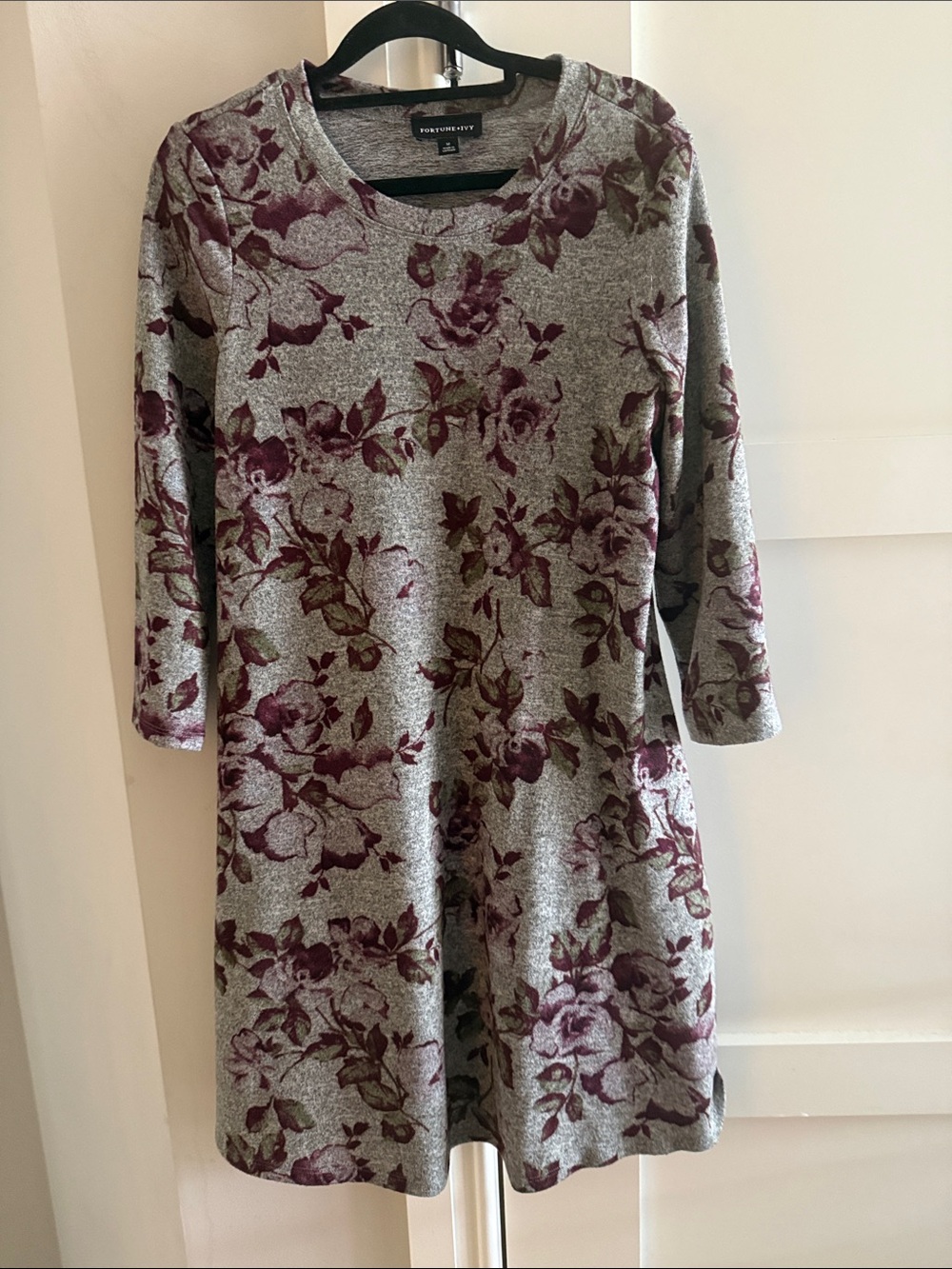 Worthington Gray Floral Long-Sleeve Swing Dress with Burgundy Print